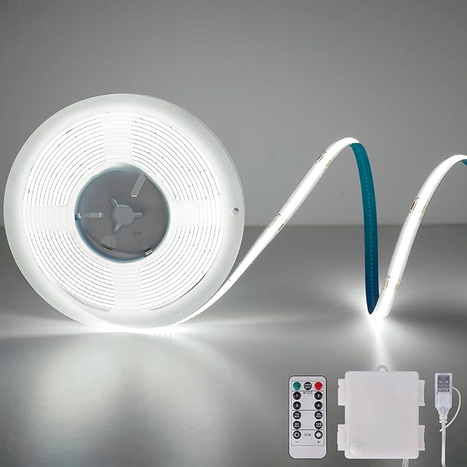 Battery Powered Strip Light, 6.56FT 640LED 6000K Cool White USB COB LED Strip Flexible Cuttable Dimmable Timer LED Light with Remote Control for Shelf, Kitchen, Closet, DIY Backlight, Camping Gear