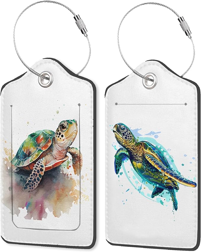 Set of 2 Luggage Tags for Suitcases, Leather Watercolor Sea Turtle Baggage Tags with Stainless Steel Loop, Privacy Name ID Card Cover Travel Labels for Women Men Kids Girls