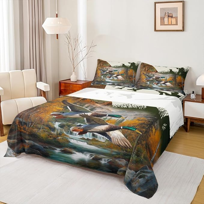 Erosebridal Duck Hunting Sheets Wild Animal Mallard Duck Bed Sheets Hunting Theme Fitted Sheet Dog Hunter Flat Sheet Wildlife Flying Duck Bedding Sets Dog Rustic Farmhouse Sheets Twin Size 3 Pcs