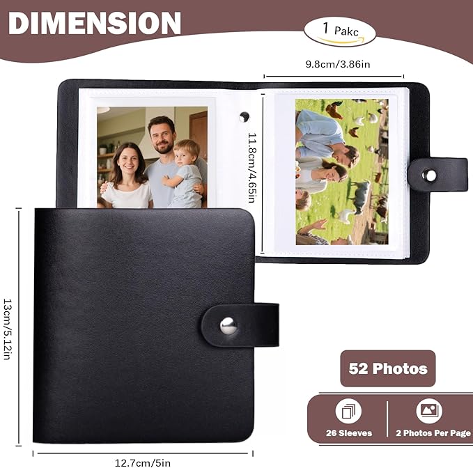 52 Pockets Mini Photo Album Fits Polaroid 600/i-Type/SX-70 Instant Film & Fujifilm Instax Wide 300/400 Instant Photos,PU Leather Cover 3.5x4.25 Inch Pictures Book (Black)
