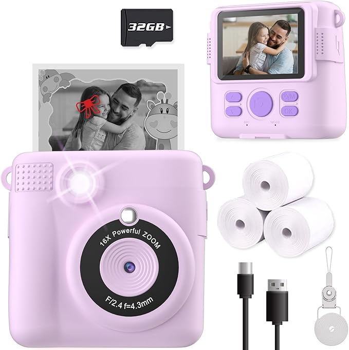 Instant Print Camera for Kids, Christmas Birthday Gifts for Girls Boys Age 3-12,Kids Digital Cameras for Toddler, Portable Toy for 3 4 5 6 7 8 9 10 Year Old Girl with 32GB SD Card-Purple