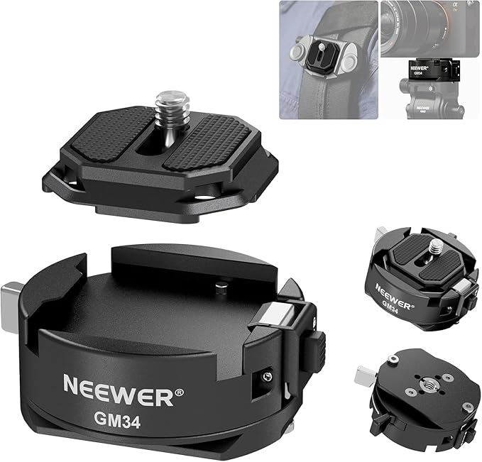 NEEWER GM34 Camera Quick Release Plate Kit, Quick Switch Auto Lock Square QR Mount Plate with Arca Type Clamp Base, Compatible with Arca Swiss Camera Clip, Max Load 11lb/5kg