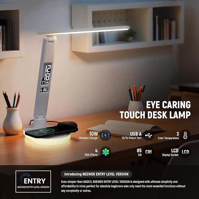 NEEWER Entry Level Version Desktop LED Lamp with USB A Output for Desk, 3 Modes/5 Brightness Levels/4 RGB Effects/CRI85, LCD for Temp/Date/Time/Alarm, Home Office Reading Eye Caring Touch Light, N20