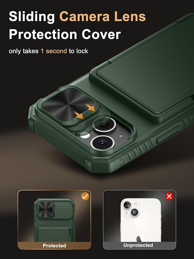 Vihibii for iPhone 15/14/13 Wallet Case, Built-in Card Holder (4 Cards), RFID Blocking & Slide Camera Cover, Military Grade Drop Protection, TPU Soft Edge Phone Case, Green
