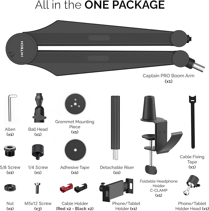 IXTECH Mic Boom Arm Microphone Arm for Blue Yeti Shure Sm7b Hyperx QuadCast Rode At2020 and Fifine Upgraded Mic Stand with Tablet and Headphone Holder for Gaming Podcasting and Streaming CAPTAIN PRO