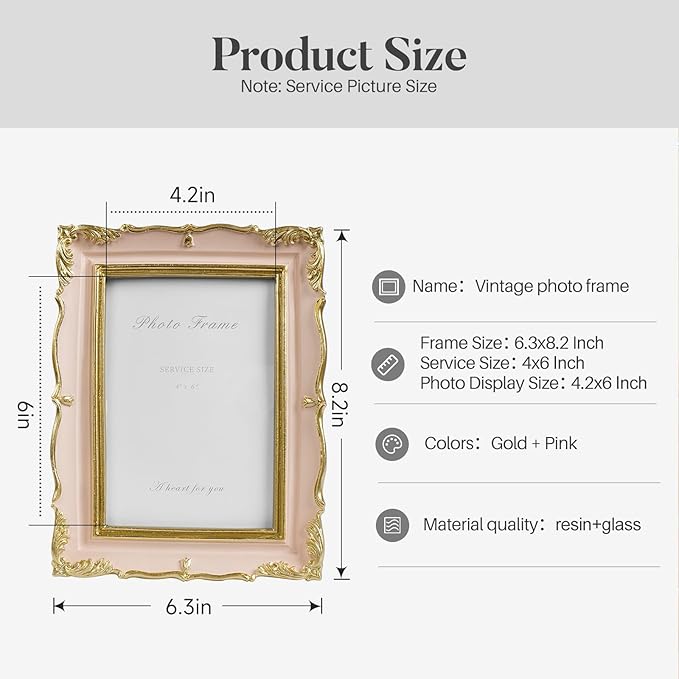 Cuspin 4x6 Vintage Picture Frame Pink and Gold Frame, 4 by 6 Photo Frames Ornate Textured Hand-Crafted Resin with Glass Front for Tabletop Display and Wall Hanging, Retro Design Home Decor