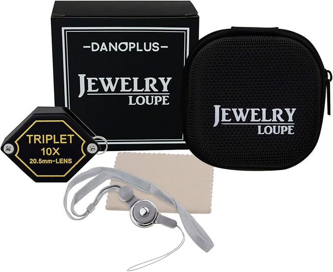 10x Magnifier Jewelry Loupe 20.5mm Triplet Lens Optical Glass Pocket Gem Magnifying Tool for Jeweler, Stamp Philatelist, Coin Numismatic, Achromatic Black Hexagonal Design Kit Set