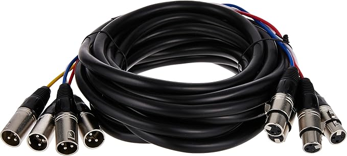 Monoprice 4-Channel XLR Male to XLR Female Snake Cable - 20 Feet - Black/Silver, Metal Connector Housings, Plastic and Rubber Cable Boots