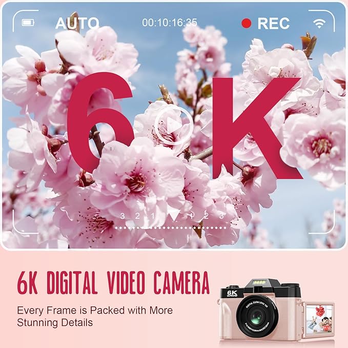 Yatao Digital Cameras for Photography and Vlogging, 6K 64MP Flip Screen, Dual Lens, Microphone for Video, 64GB TF Card, Compact Photo WiFi Camera for YouTube Kit Travel, Beginners (Pink)