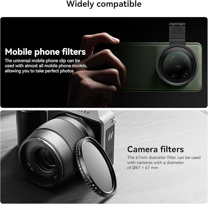 APEXEL 67mm Variable ND2-32 ND Filter for iPhone/DSLR Neutral Density Filter for iPhone Camera Lens 16 15 14 13 12 Pro Max Samsung Galaxy Huawei with Adapter Ring, Universal Clip, Cold Shoe