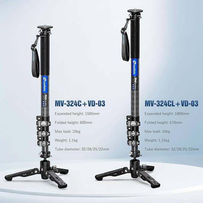 LEOFOTO Carbon Fiber Monopod with Feet, 59" Portable Lightweight Travel Monopod for DSLR Camera, 360° Panorama, 4 Leg Section, Modular 3 in 1