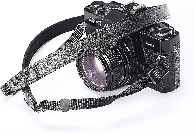 CANPIS CP008 Leather Camera Shoulder Neck Strap compatible with Canon Nikon Leica Fuji Sony Olympus etc. Black Color, Adjustable Length, Slim with Flocking Comfortable Pad