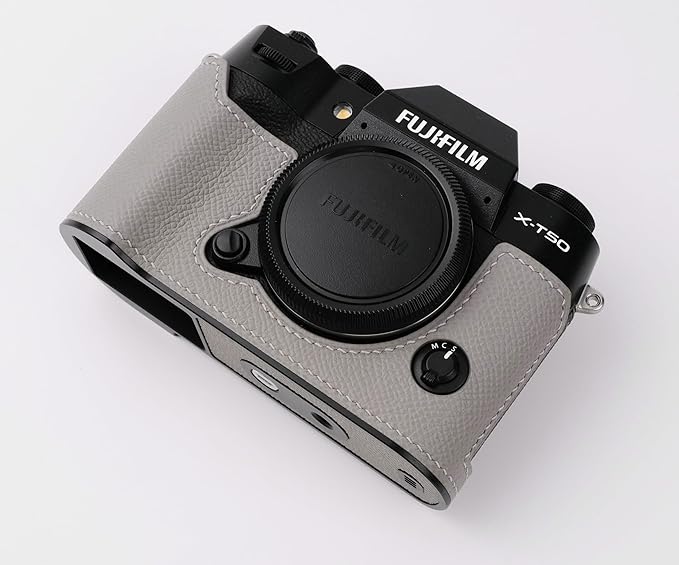 Handmade Genuine Leather Camera Half Case for Fujifilm X-T50 - Top Layer Cowhide Body + Metal Base Plate - Hand Shank Free Design (Gris Mouette)