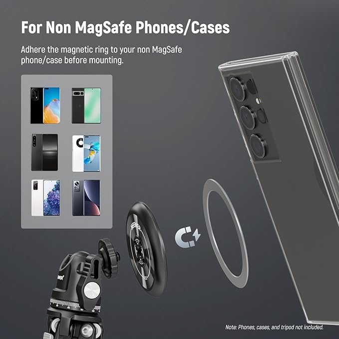 NEEWER Magnetic Phone Tripod Mount Adapter with Adhesive Magnetic Ring Compatible with MagSafe iPhone 15 Pro Max 15 Plus 14 13 12, 1/4" Thread for iPhone Video Recording Selfie Stick Ring Light, PA010