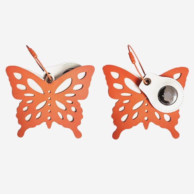 Cute Leather Luggage Tag Holder Case Compatible with AirTag,Hidden Compartment for Travel Suitcase Tracking Case with Stainless Steel Loop,Name ID Label(Butterfly C)