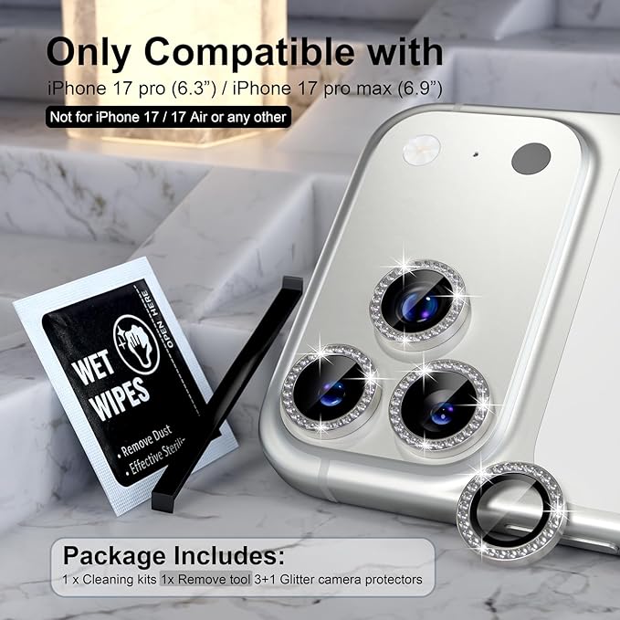 Choiche Compatible for iPhone 17 Pro/iPhone 17 Pro Max Camera Lens Protector Bling, 9H Tempered Glass Camera Cover Screen Protector Metal Ring Decoration Accessories (Diamond-Titanium Natural)