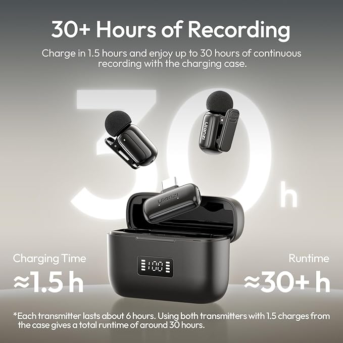 ULANZI A200 Mini Mic Wireless Lavalier Lapel Microphone for iPhone 17/16/15 Type-C, 48kHz/24-bit, Plug & Play, Smart Noise Cancelling, Digital Display, 30H Battery for Video Recording(White + Black)