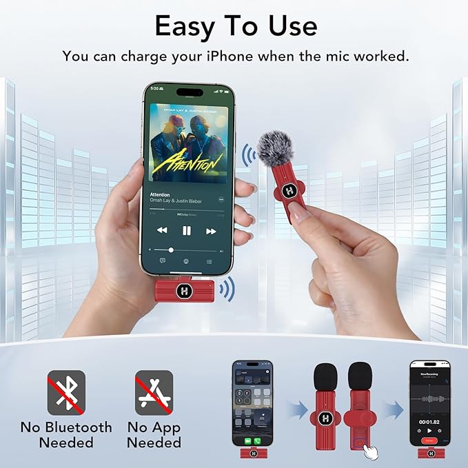 USB C Mini Wireless Lavalier Microphone for iPhone 15 16, iOS and Android Devices - Noise Reduction Lapel Mic for Recording, Clip Omni Lav Mic for Video Recording, Tiktok, YouTube, Vlog (Red)