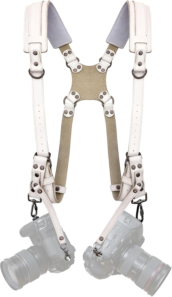 Padwa Lifestyle White Dual Camera Harness Strap for Two Cameras - Dual Shoulder Full Grain Leather Harness,Multi Double Camera Gear with Thick Padded,Double Camera Harness for Photographers