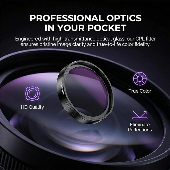 Anti-Glare Circular Magnetic Phone Filter, CPL Phone Filter Lens Adapter 52mm Magnetic, Compatible with iPhone 17 16 and Earlier & Android Smartphones, Reduces Reflections & Enhances Colors (1)