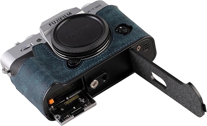 Handmade Genuine Leather Camera Half Case for FUJIFILM X-T30III /FUJIFILM X-T30III Camera Case/FUJIFILM X-T30III Case - Top Layer Cowhide Body + Metal Base Plate (Matte-Blue)