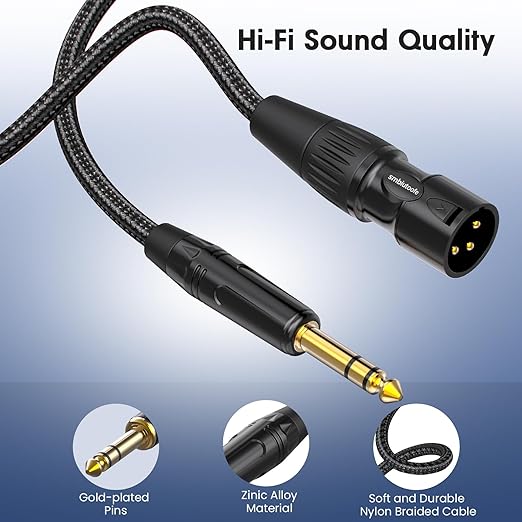 XLR Male to 1/4, TRS to 6.35mm 2 Packs Gold-Plated Connectors Nylon Braided, Quarter Inch to XLR Male Cable for Speakers, Mixers, Amplifiers - 10ft