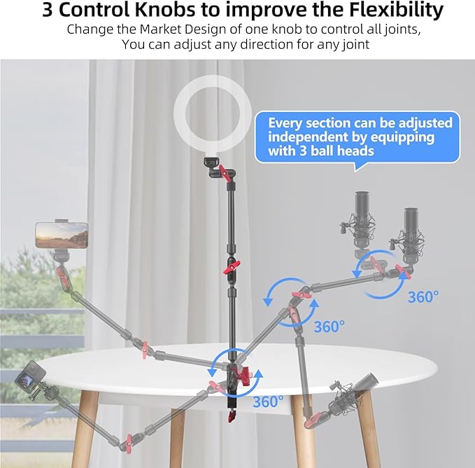 HEMMOTOP 22in Magic Arm with Clamp, Long Articulating Arm Camera Mount, Adjustable Phone Mount Holder 360° Rotation, Mic Arm for Microphone, LED Lights, for iPhone, Tripod, Desk, Table