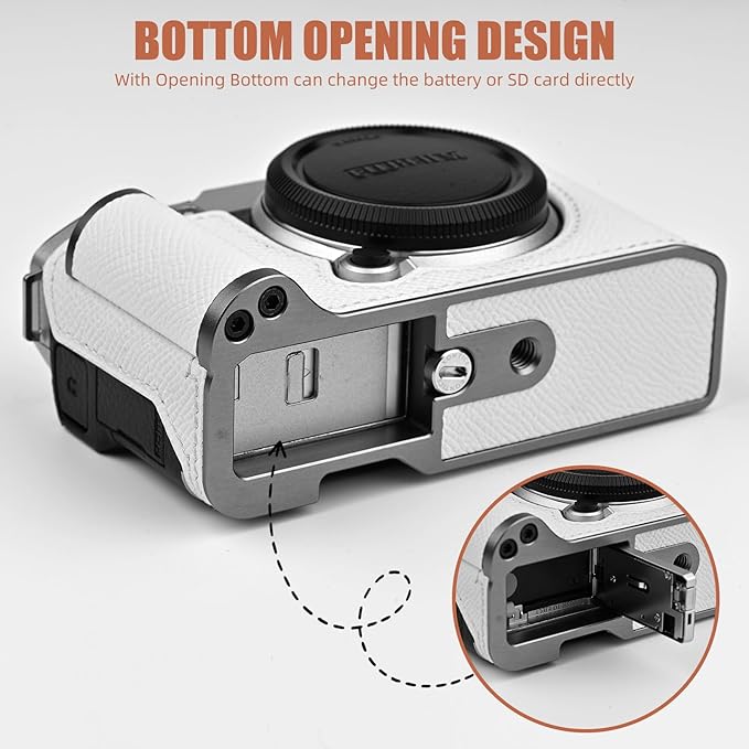 Uchandmade Handmade Genuine Leather Camera Half Case for Fujifilm X-M5/Fujifilm X-M5 Camera Case/Fujifilm X-M5 Case - Top Layer Cowhide Body + Metal Base Plate+ Hand Shank Design (White)