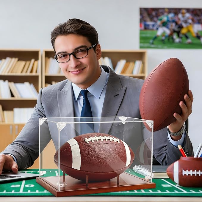 Clear Acrylic Football Display Case with Wood Base & Tee, Memorabilia Stand Cube Holder, Dust Protection Transparent Storage Box for Single Ball Souvenir Football Collections