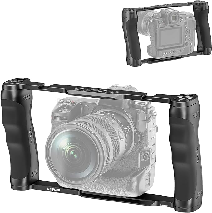 NEEWER Video Camera Cage Rig with Arca Type Base/Dual Grips/Expansion Holes/15mm Rods, Universal Stabilizer Compatible with Sony Canon Nikon DSLR/DSLM, Compatible with SmallRig Accessories, CA016