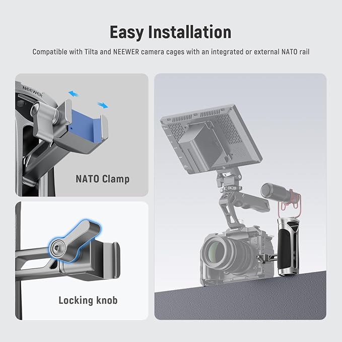 NEEWER Side Handle with NATO Clamp, Aluminum Alloy Quick Release Side Handgrip with 1/4" & 3/8" Threads, Cold Shoe, 2"/5cm Vertical Adjustment, Compatible with SmallRig Camera Cage, Silver, CA125