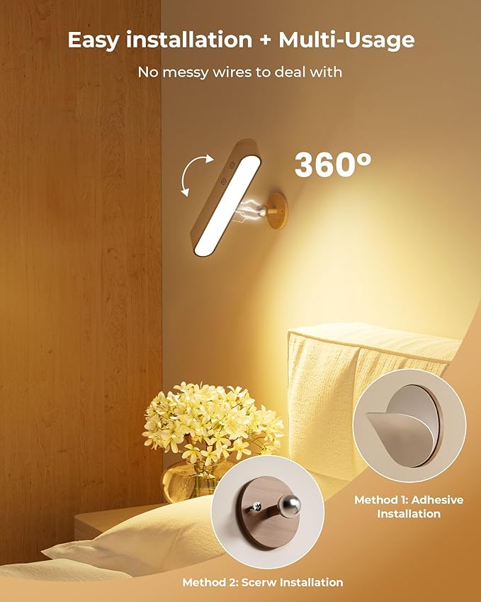 Rechargeable Indoor Wall Sconce Wood, LED Wall Light for Bedroom,Touch and Remote Control,360° Rotate Walnut Wood Wall Light,3 Colors Dimmable Brightness Wall Lamp with 15 RGB Colors,1 Pack