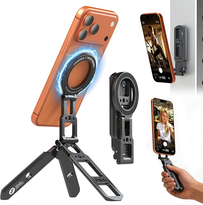 Dual Magnetic Phone Tripod for MagSafe Tripod Foldable Double Magnet Mount Pocket Cell Phone Stand for iPhone 17/16/15 Pro Plus Max Travel Gym Magnetic Tripod [US Patent Registered]