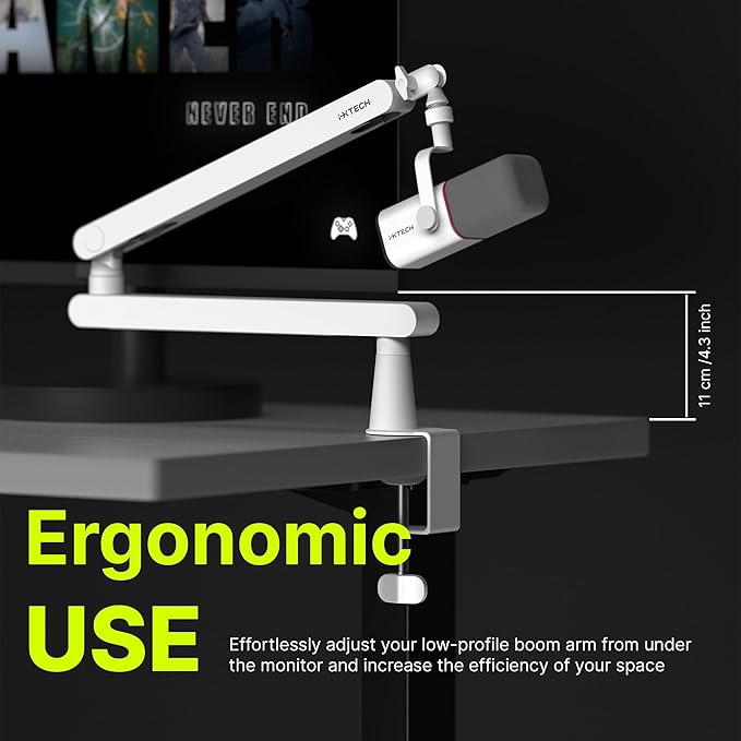 IXTECH White Microphone Boom Arm Stand Low Profile Boom Arm Adjustable Mic Stand with Built In Cable Management 360° Swivel Mic Arm.
