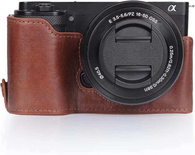MegaGear Ever Ready Genuine Leather Camera Half Case Compatible with Sony ZV-E10 (Brown)
