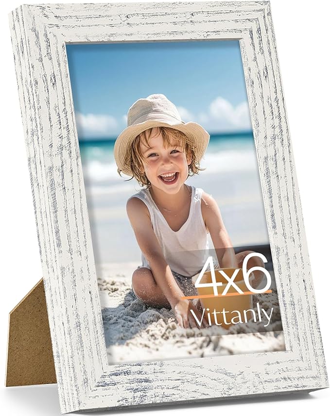 Vittanly 4x6 Picture Frame, Made of Solid Wood and Shatterproof Plexiglass, Wooden Photo Frame for Wall Mounting or Tabletop Display, Picture Frame for Home Decor with Stand, Distressed White, 1 Pack