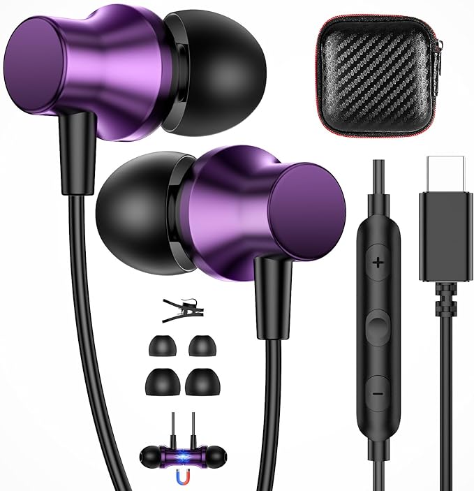 APETOO USB C Wired Earbuds for iPhone 17 16 15 Pro, Magnetic Type C Headphones with Mic Volume Control for Samsung S25 S26 S23 S22, Stereo Noise Canceling In-Ear Ear Buds for iPad 10 Pixel 9 8, Purple