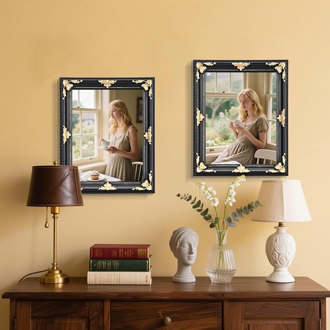 8x10 Vintage Picture Frame with Real Glass - Black Solid Wood Frame with Gold Embossed Flower, Ornate Wooden Photo Frame for Wall Mount & Tabletop Display