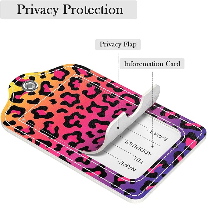Luggage Tags for Suitcase, 2 Pack PU Leather Travel Cruise Luggage Tag with Privacy Flap, Name ID Label and Metal Loop for Women Men Girls Suitcase Baggage Bag Backpack, Colorful Leopard