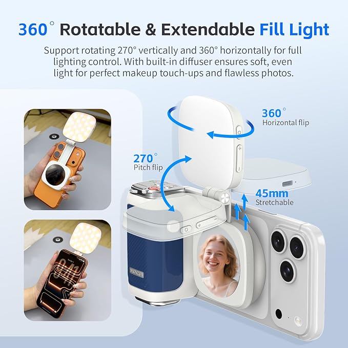 COMITOK iPhone Camera Grip MOCA with Magnet Fill Light & Mirror for 17 Pro iOS26 Native Camera, Fun Shot Magnetic Grip for Phone Compatible iOS17 and iOS18 with Anti-Drop Detachable Remote & Keychain