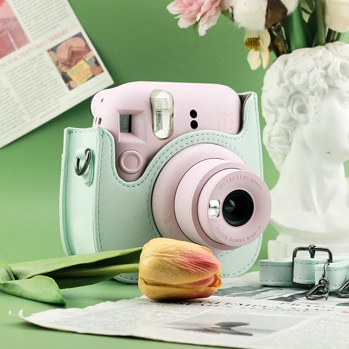 Frankmate Protective Case Compatible with Fujifilm Instax Mini 12 11 9 8 Instant Film Camera with Pocket and Adjustable Strap (Light Green)