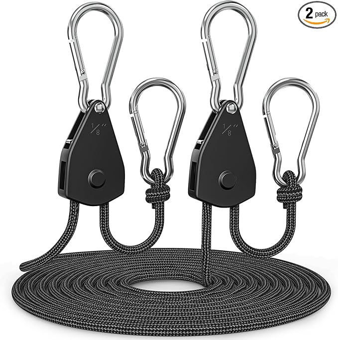 Fondwell 1/8" Adjustable Rope Hangers Ratchet: 2 Pack of Plant Pulleys for Hanging Plants Heavy Duty - Tie Down Straps with Pulley System