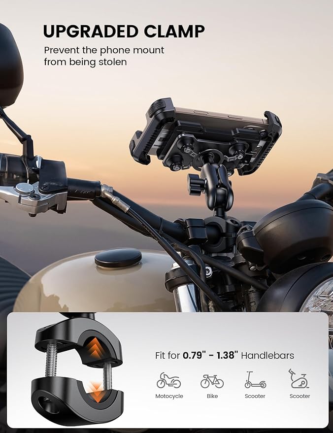 Aomiker Motorcycle Phone Mount Holder - [Metal Extension Arm] [Dual Vibration Dampener] Motorcycle Cell Phone Mount, Bike Phone Handlebar Clamp for iPhone 16 15 14 13 Pro Max Plus, 4.7-6.7" Smartphone