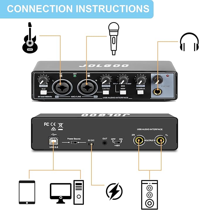 USB Audio Interface for Recording Music, 24-Bit/192kHz, Plug and Play Audio Interface for PC, Mac, and Smartphone – Low Latency, XLR/Line In, Headphone Out