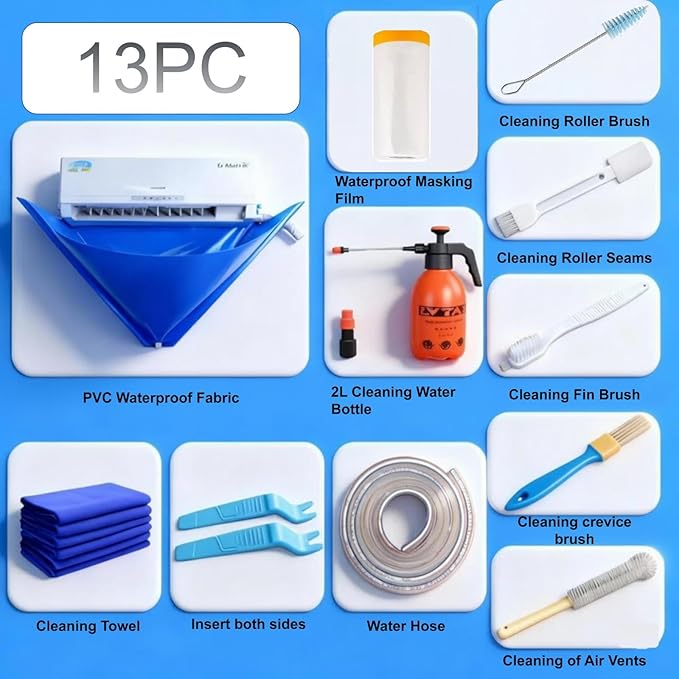 Mini Split Cleaning Kit with 2L High-Pressure Sprayer, 13Pcs Air Conditioner & Air Duct Cleaning Kit, Waterproof PVC AC Cleaning Cover Bib, HVAC Cleaning Tools, Fits 38–48 Inch Units