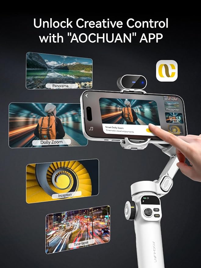 AOCHUAN Gimbal Stabilizer for iPhone, Phone Gimbal with AI Tracking Sensor for Vlog Recording, 3-Axis Phone Gimbal with 7.8' Extension Rod and OLED Display for iPhone/Android-Smart X2 AI White