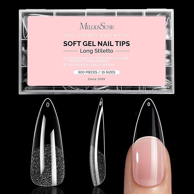 MelodySusie Stiletto X Nail Tips - 300Pcs 15 Sizes Clear Acrylic, Half Matte Full Cover Press on Nails for DIY Extension & Salon Use, Pre-Shaped for Long-Lasting Manicure