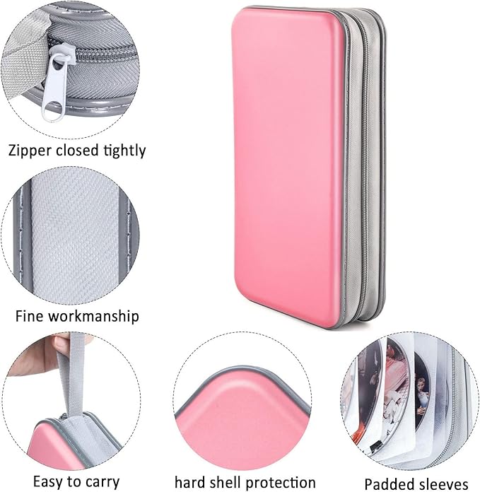 DVD Case, Bivisen CD Case Holder Wallet Binder 96 Capacity CD/DVD Cases Storage Holder Binder Organizer Wallet Book for Car Home Travel (Light Pink)