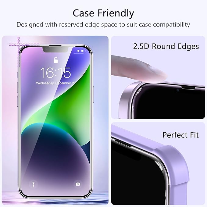 ruwa Screen Protector for iPhone 13/13 Pro/14/16e [3-Pack] [6.1 Inch] Display Tempered Glass Film with Easy Installation Frame, Ultra HD, 9H Hardness, Scratch Resistant, Case Friendly, Full Coverage
