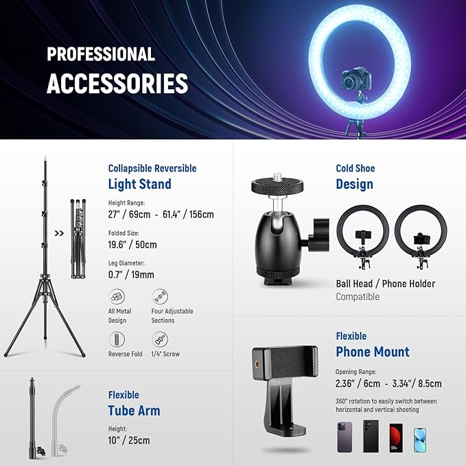 NEEWER 18 Inch RGB LED Ring Light APP Control with Tripod Stand and Phone HolderCompatible with iPhone for Selfie Makeup Lash Studio Streaming Video Recording Lighting, 42W Ringlight Dimmable,RGB18 II